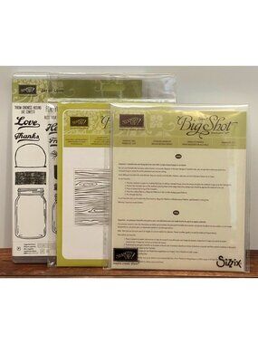 STAMPIN UP 141587 JAR OF LOVE STAMP SET, 141490 FRAMELITS DIES, WOODGRAIN EMBOSS